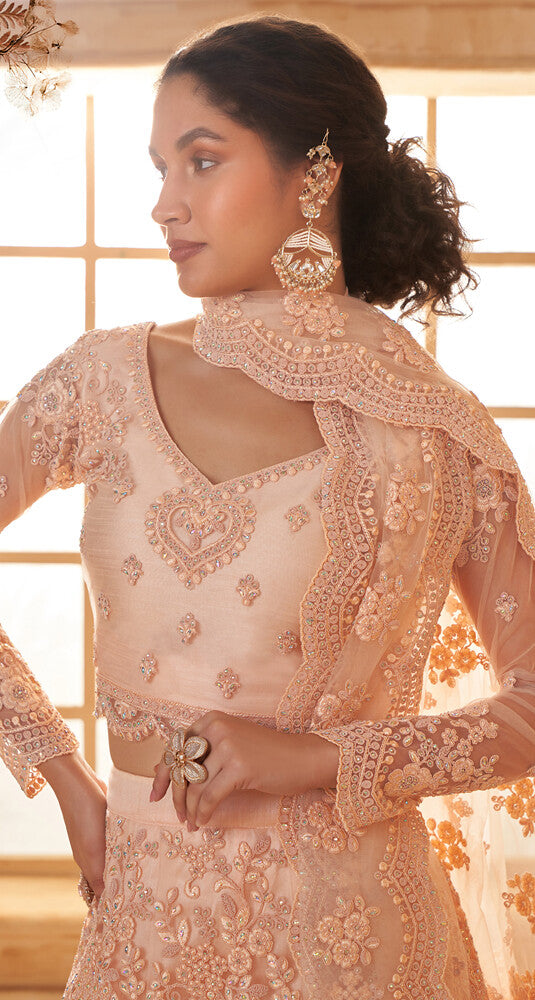 Luminous Net Lehenga Peach