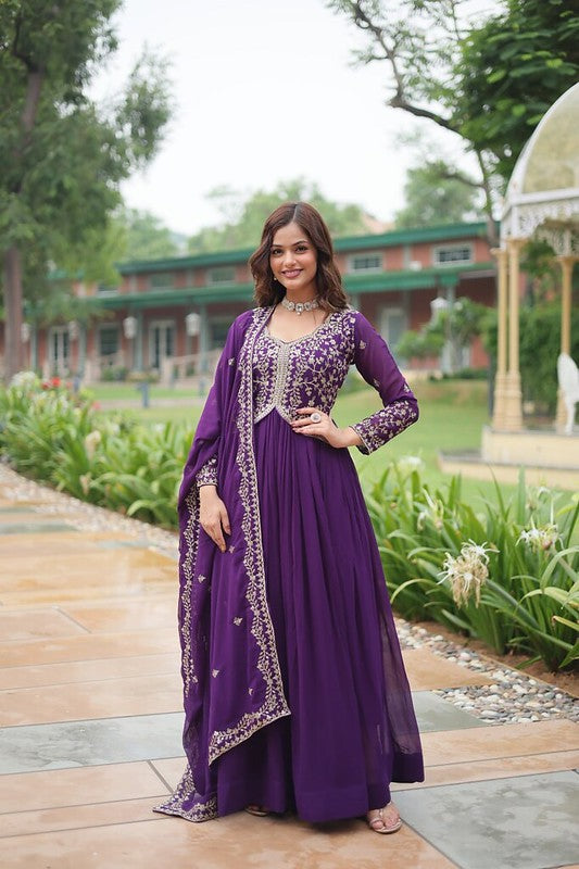 Georgette Designer Readymade Gown With Dupatta Purple