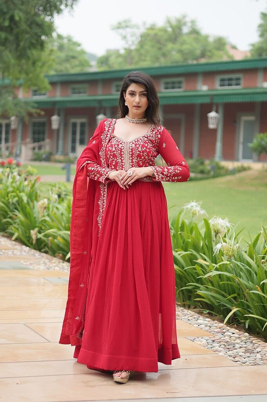 Georgette Designer Readymade Gown With Dupatta Red