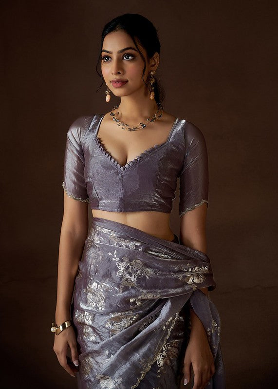 Designer Party Wear Satin Silk Saree Steal Purple Grey