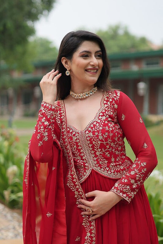 Georgette Designer Readymade Gown With Dupatta Red