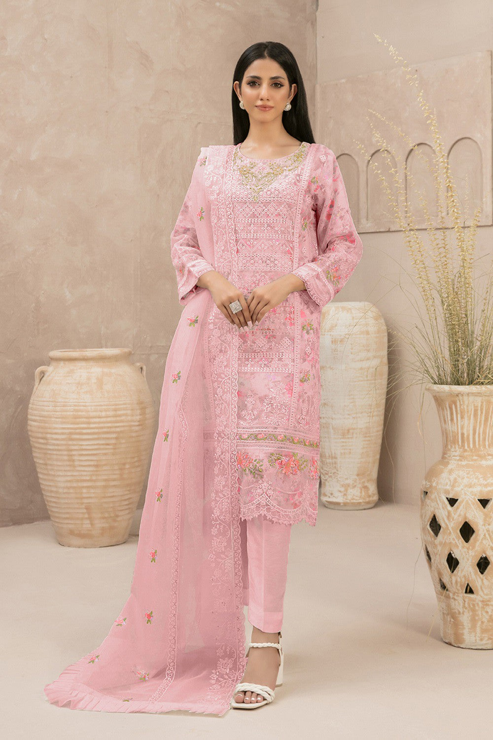 Ivory Charm Organza Pakistani Suit Baby Pink StyleCaret Ivory Charm Organza Pakistani Suit Baby Pink StyleCaret