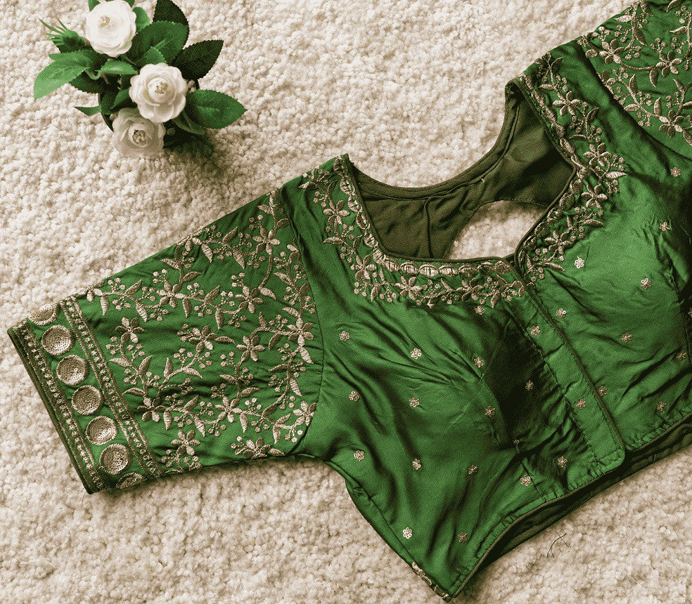 Bliss Vichitra Silk Blouse Line Green