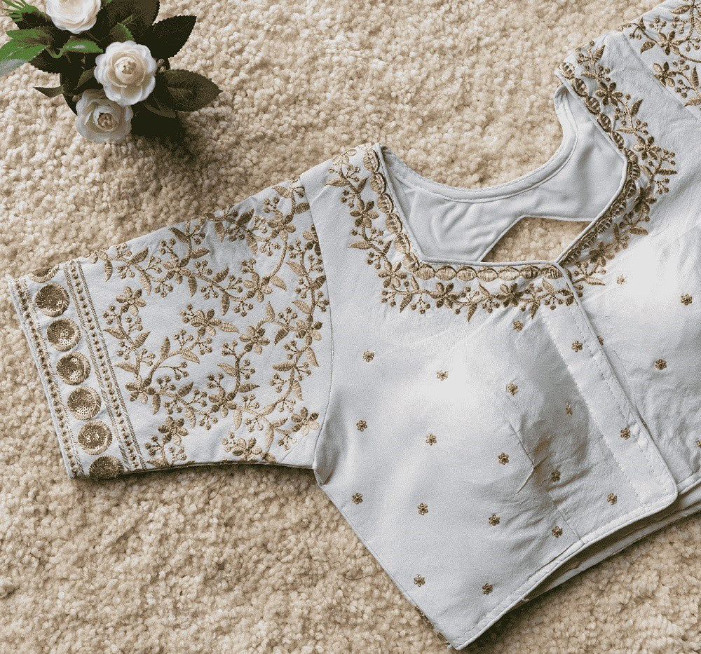 Bliss Vichitra Silk Blouse Line White