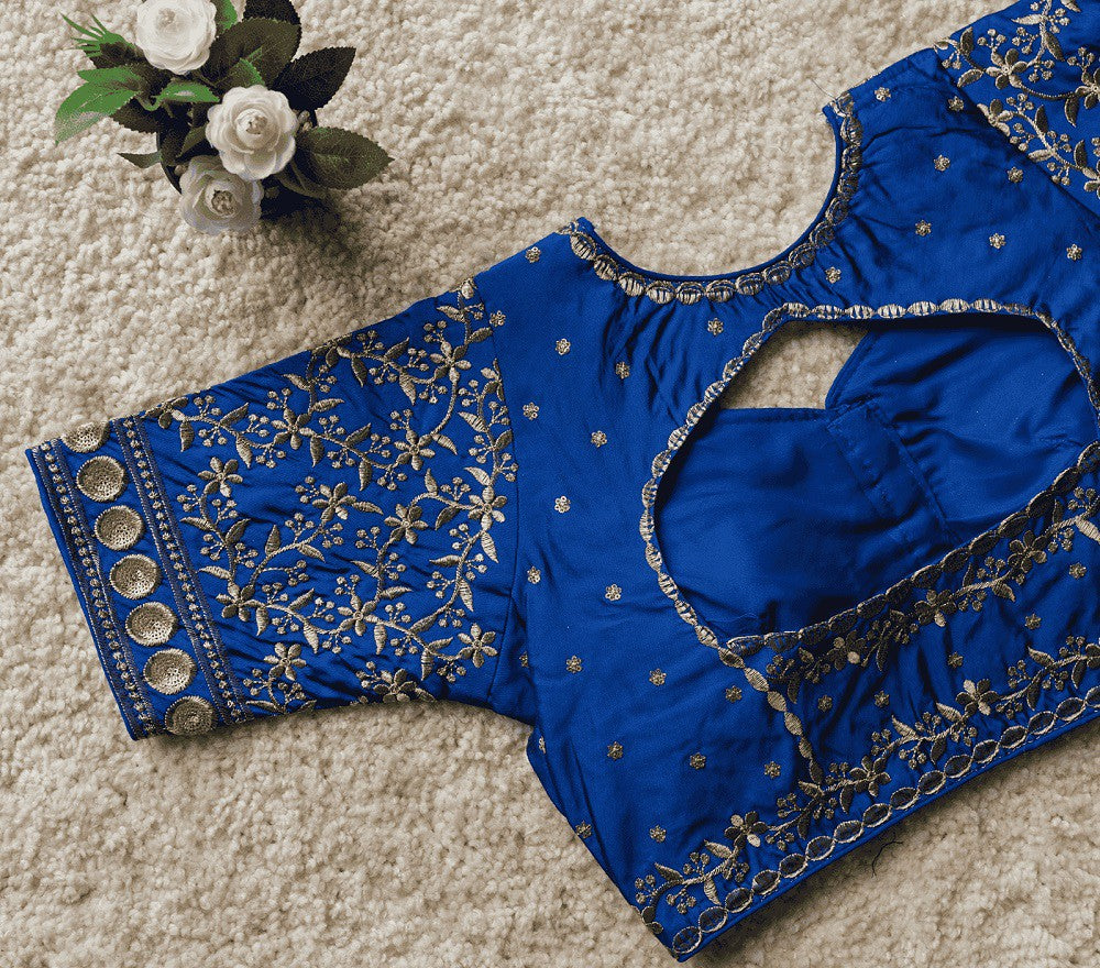 Bliss Vichitra Silk Blouse Line Blue