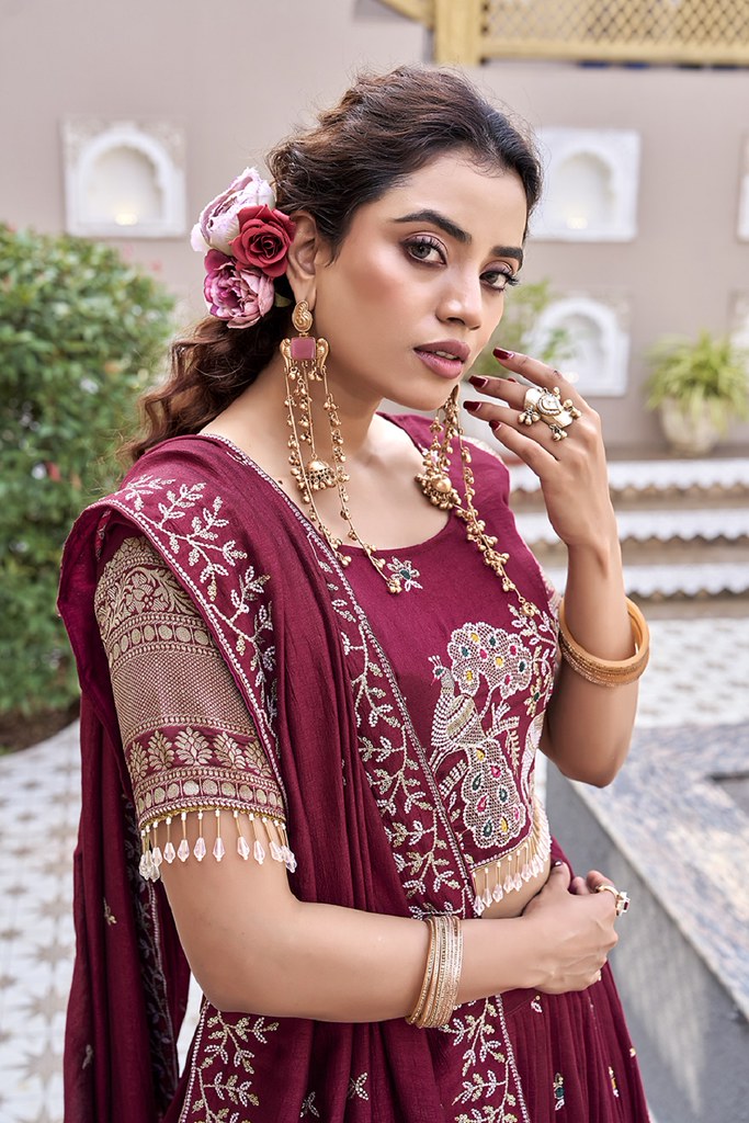 Velora Rang Lehengas Maroon