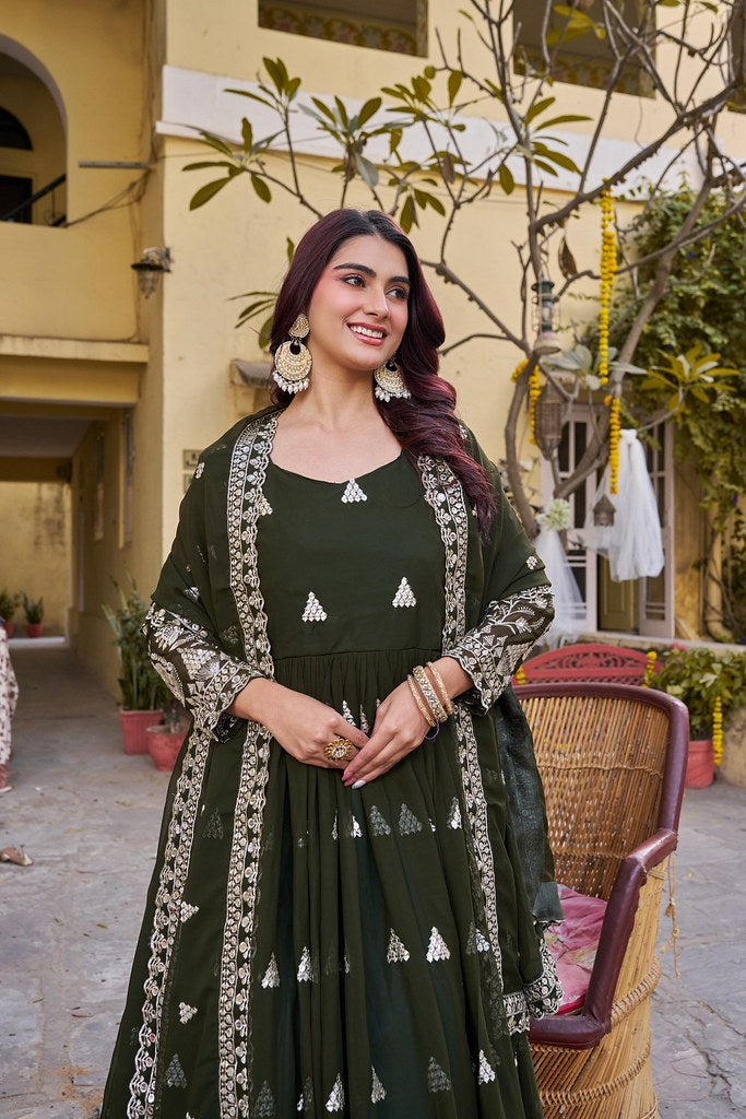 FloralGlow Gown Mehendi Green