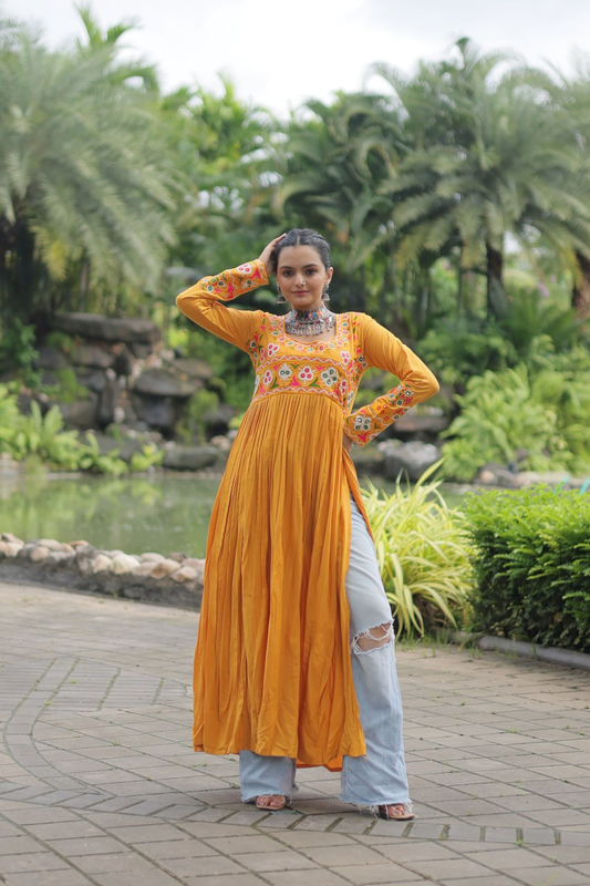 Navratri Special Heavy Readymade Printed Reyon Long kurti Collection Mustard