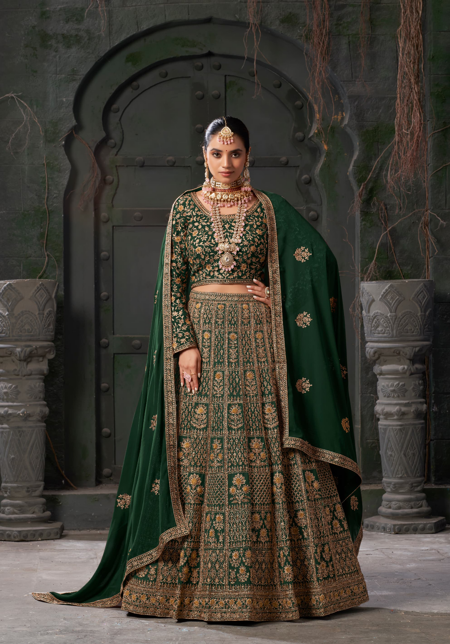 Heavy Wedding Wear Designer Lehenga Choli Collection Bottle Green