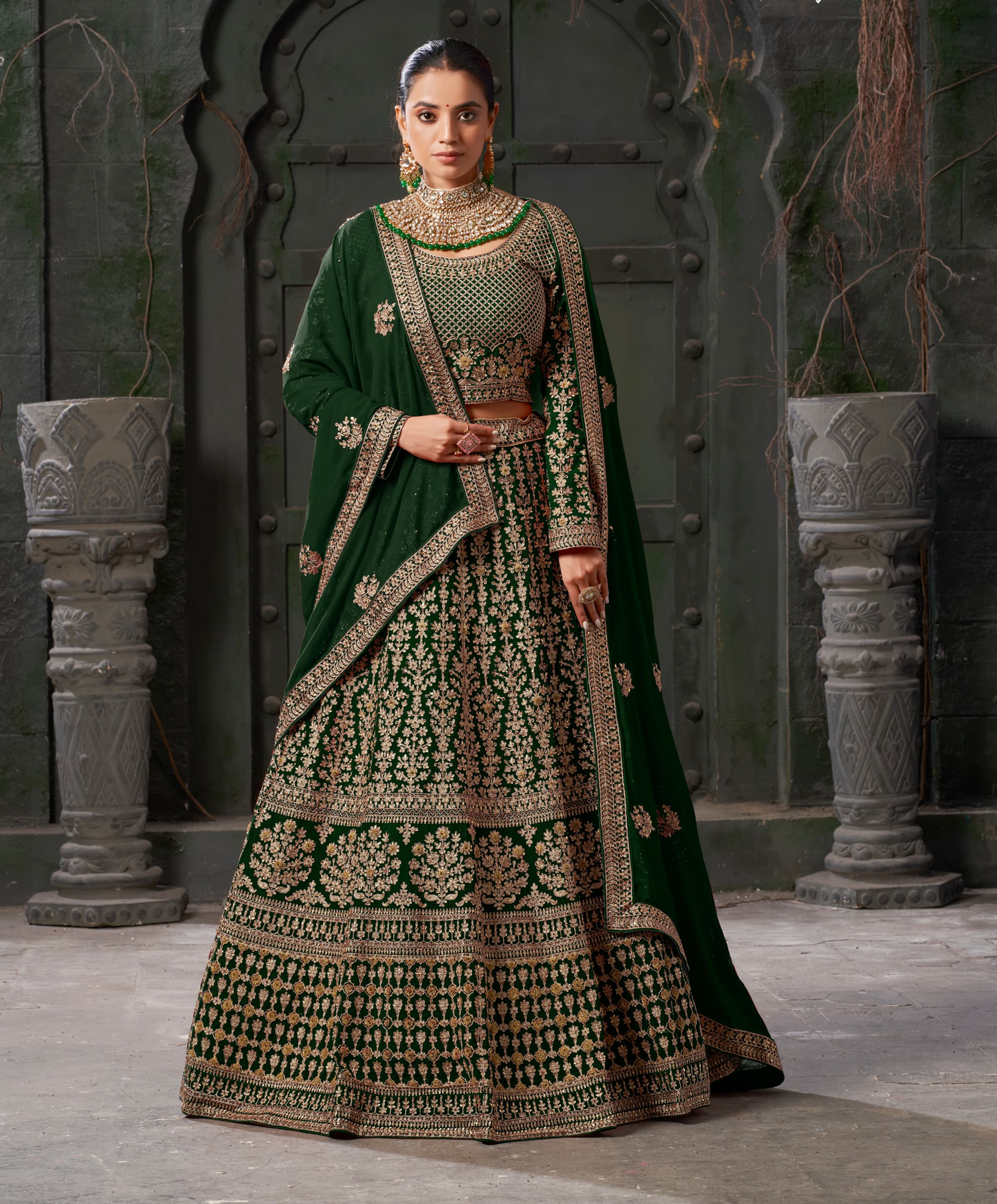 Heavy Wedding Wear Designer Lehenga Choli Collection Bottle Green