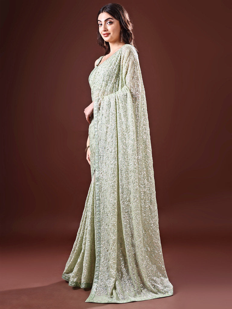 Glam Georgette Saree Pista Green