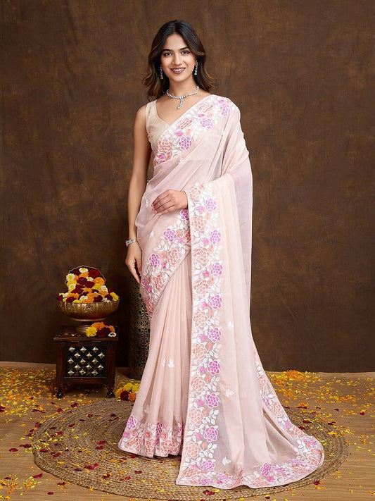 Floral Organza Saree light Pink