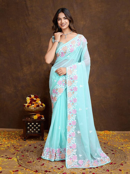 Floral Organza Saree Mint Blue