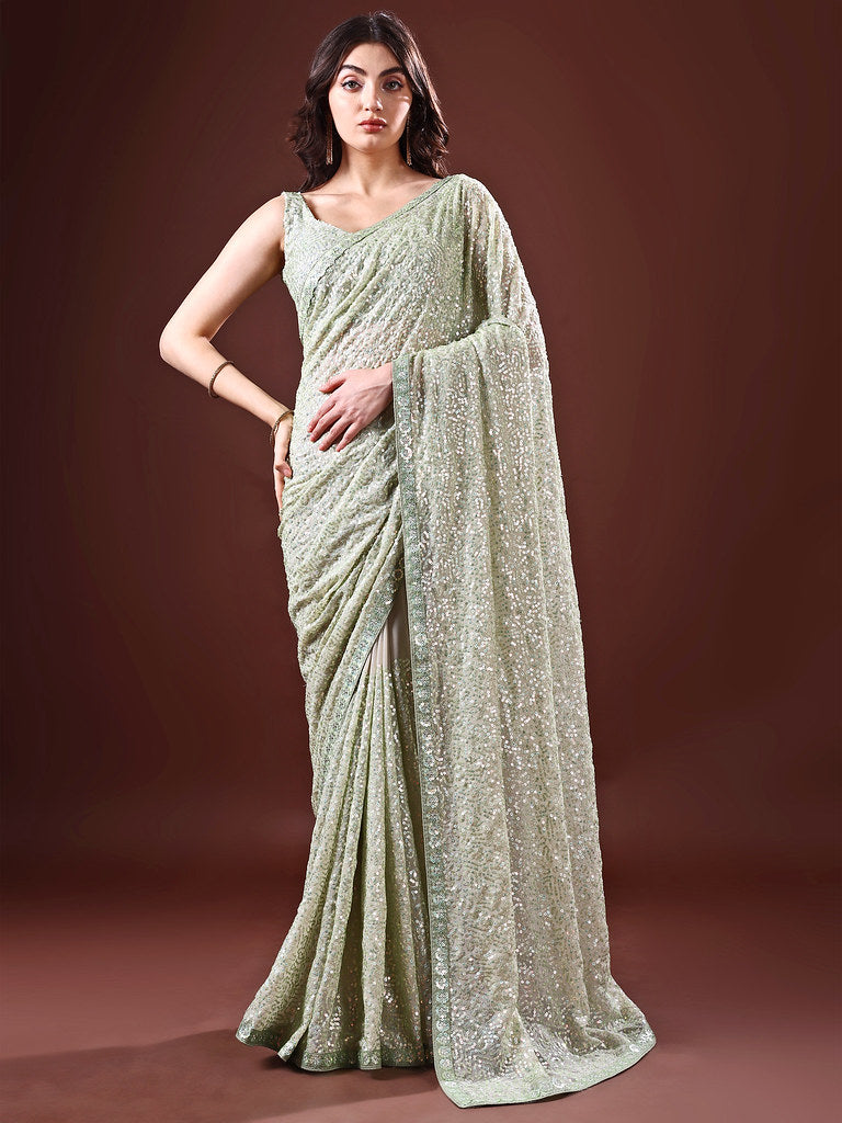 Glam Georgette Saree Pista Green