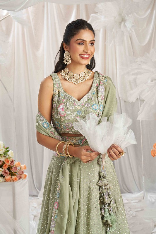 Poly Chiffon Grace Lehenga Lime Green