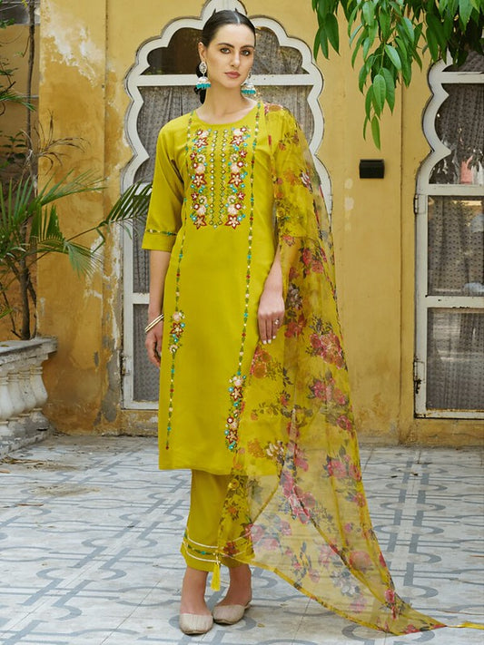 Rayon Radiance Kurti Set Olive Yellow