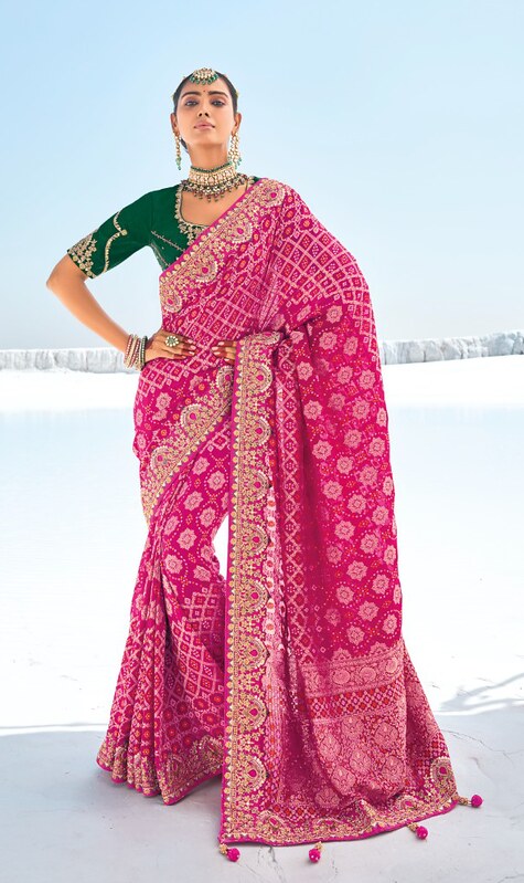 Georgette Silk Fusion Saree Rani pink