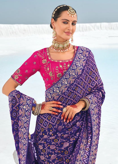 Georgette Silk Fusion Saree Purple