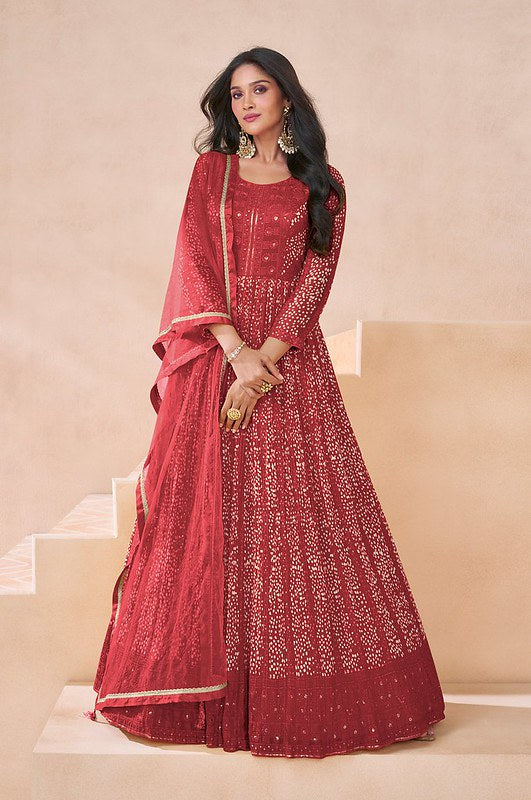 Embroidered Georgette Anarkali Red