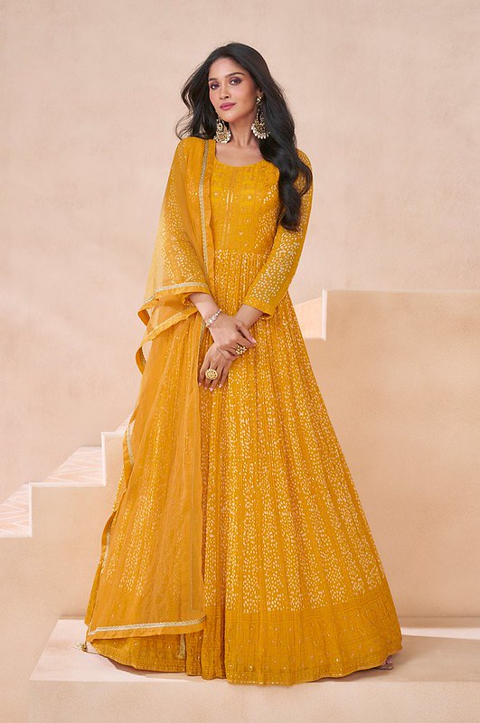 Embroidered Georgette Anarkali Yellow