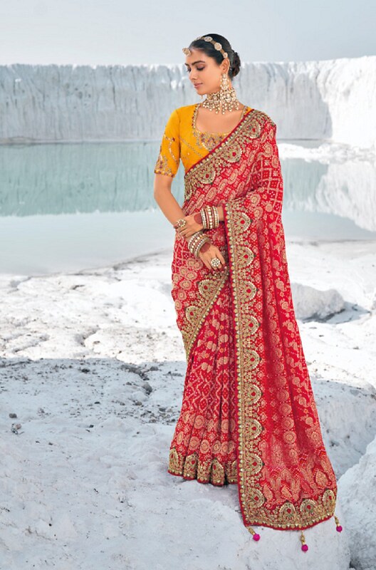 Georgette Silk Fusion Saree Red