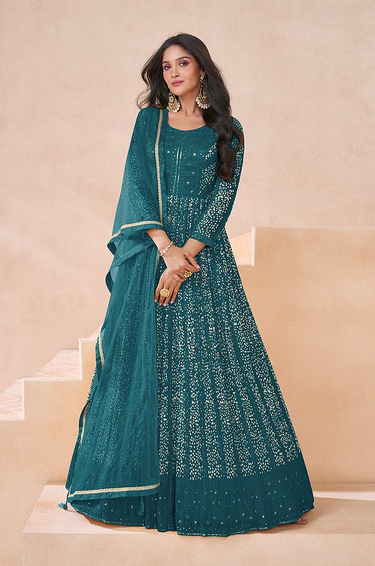 Embroidered Georgette Anarkali Teal