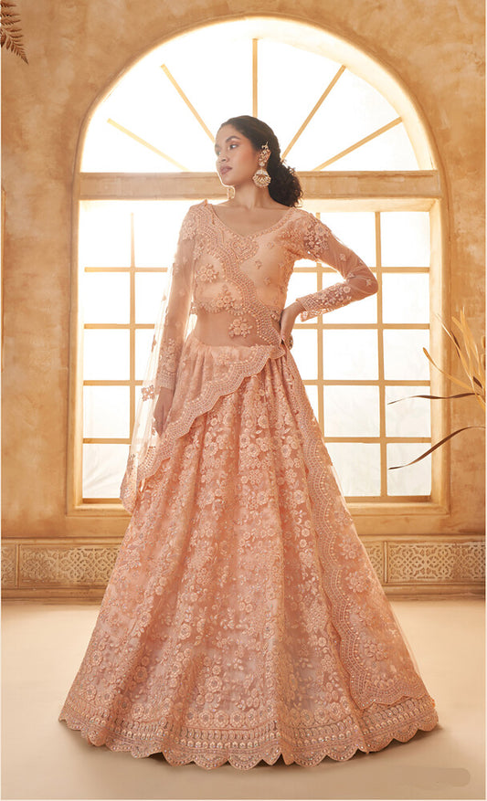 Luminous Net Lehenga Peach