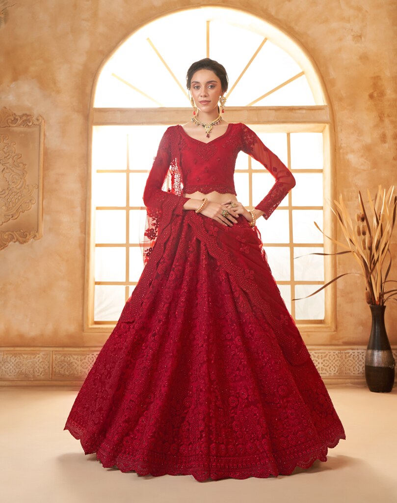 Luminous Net Lehenga Red