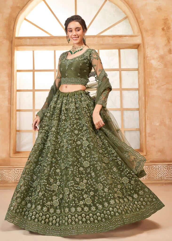 Luminous Net Lehenga Mehendi Green