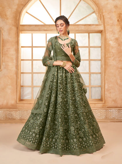 Luminous Net Lehenga Mehendi Green