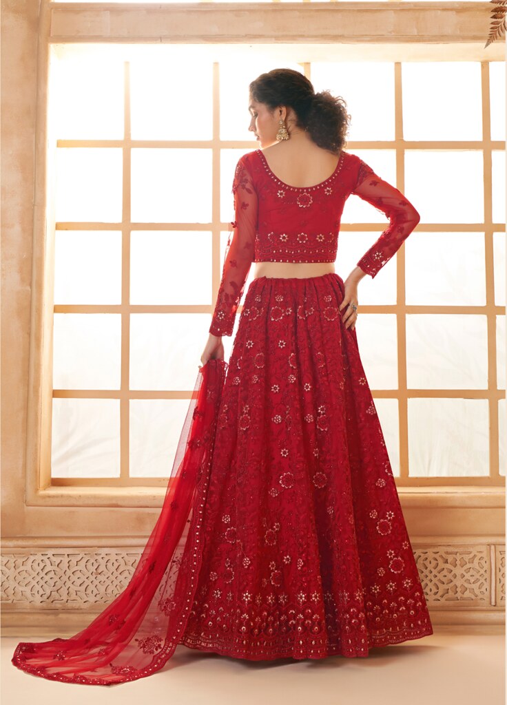 Luminous Net Lehenga Red