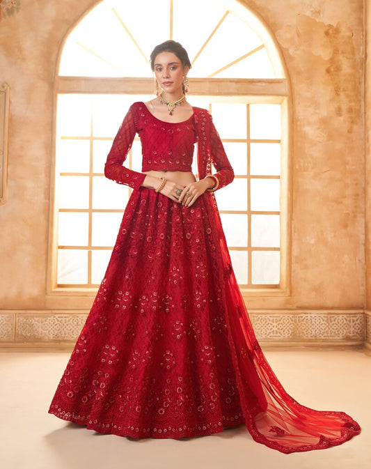 Luminous Net Lehenga Red