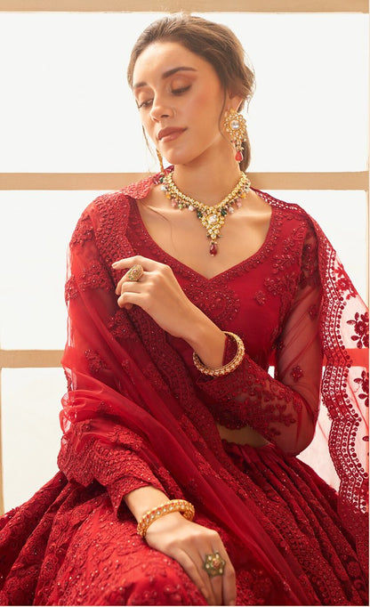 Luminous Net Lehenga Red