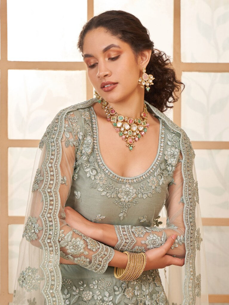 Luminous Net Lehenga Grey