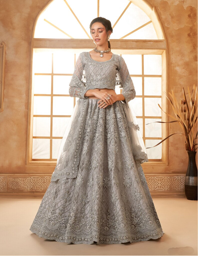 Luminous Net Lehenga Grey