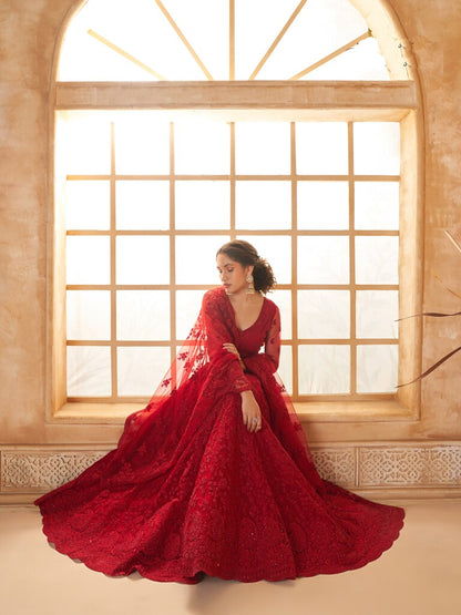 Luminous Net Lehenga Red