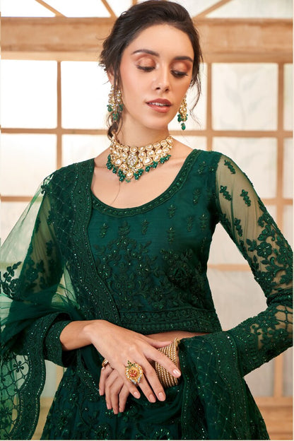 Luminous Net Lehenga Green