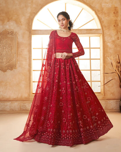 Luminous Net Lehenga Red