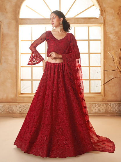 Luminous Net Lehenga Red