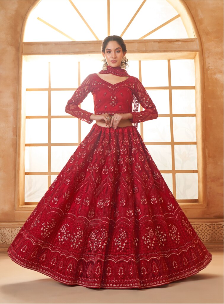 Luminous Net Lehenga Red