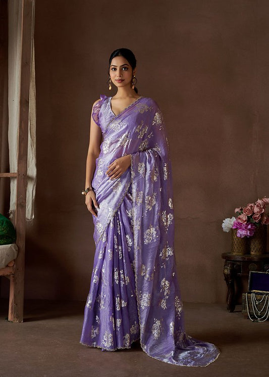 Designer Party Wear Satin Silk Saree Lavender