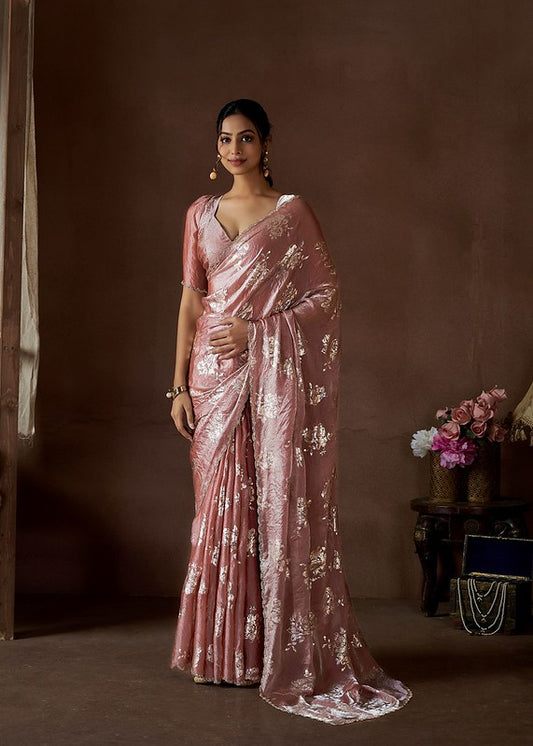 Designer Party Wear Satin Silk Saree Mauve pink