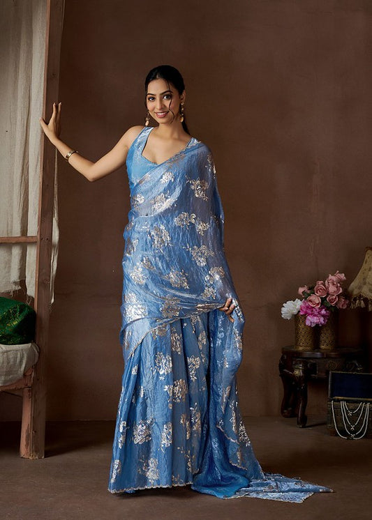 Designer Party Wear Satin Silk Saree Blue