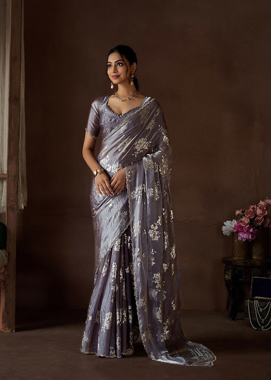 Designer Party Wear Satin Silk Saree Steal Purple Grey