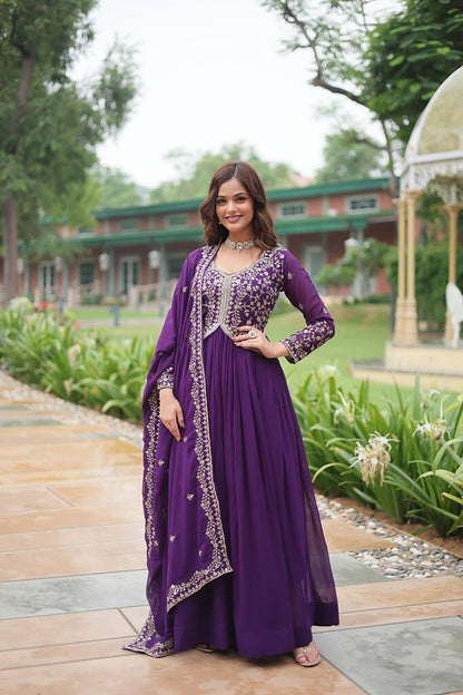 Georgette Designer Readymade Gown With Dupatta  Purple