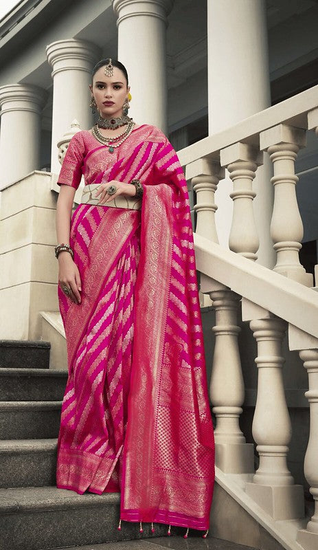 Golden Banarasi Silk Saree Rani Pink