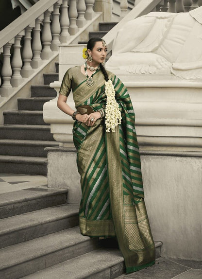 Golden Banarasi Silk Saree Dark Green