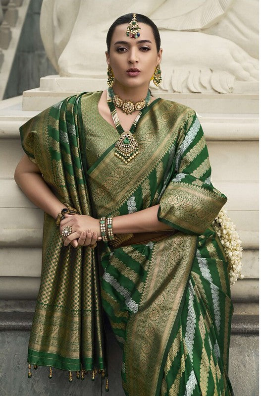 Golden Banarasi Silk Saree Dark Green