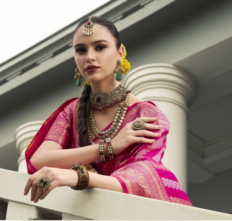 Golden Banarasi Silk Saree Rani Pink