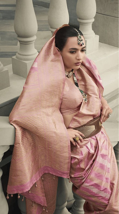 Golden Banarasi Silk Saree Baby Pink